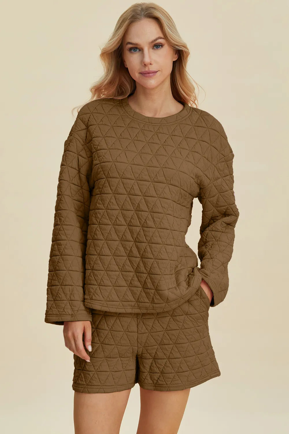 Olive quilted loungewear set with long-sleeve top and shorts for cozy everyday style