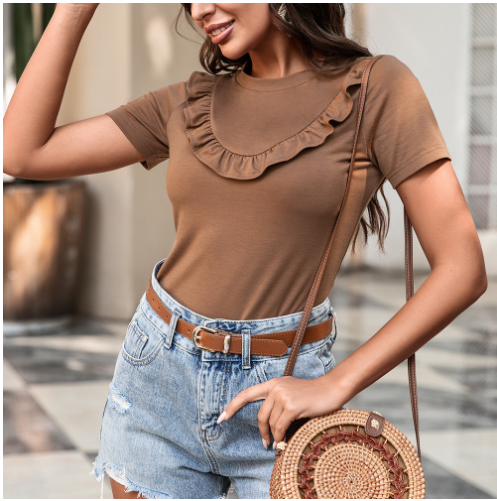 Solid Color Short-Sleeved T-Shirt with Stitching