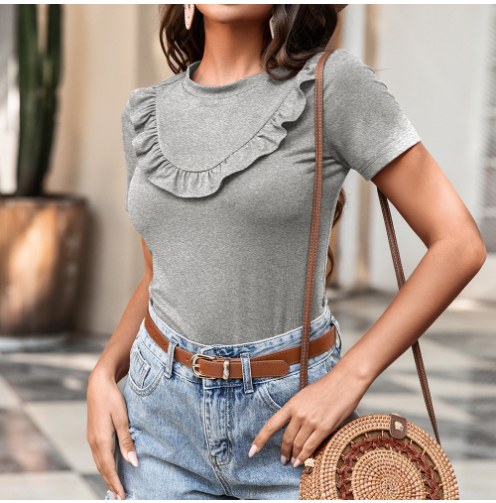 Solid Color Short-Sleeved T-Shirt with Stitching