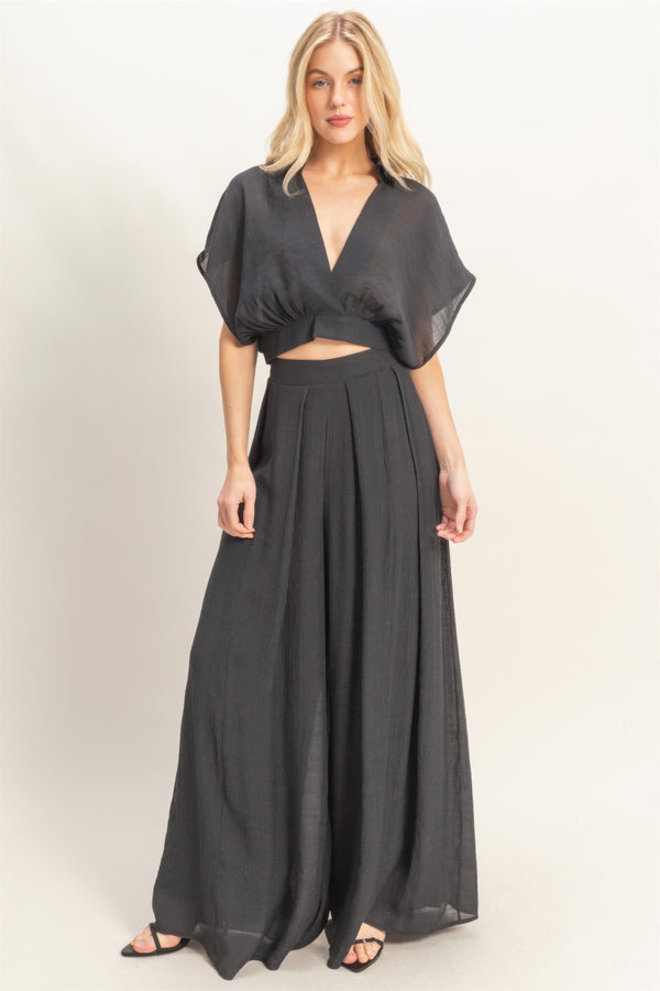 Black V-neck crop top with wide sleeves paired with high-waisted pleated maxi skirt, stylish women's fashion set