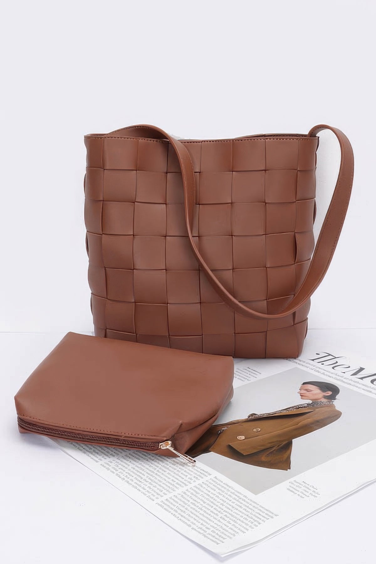 Brown woven tote bag with matching pouch, stylish women's accessory for everyday fashion