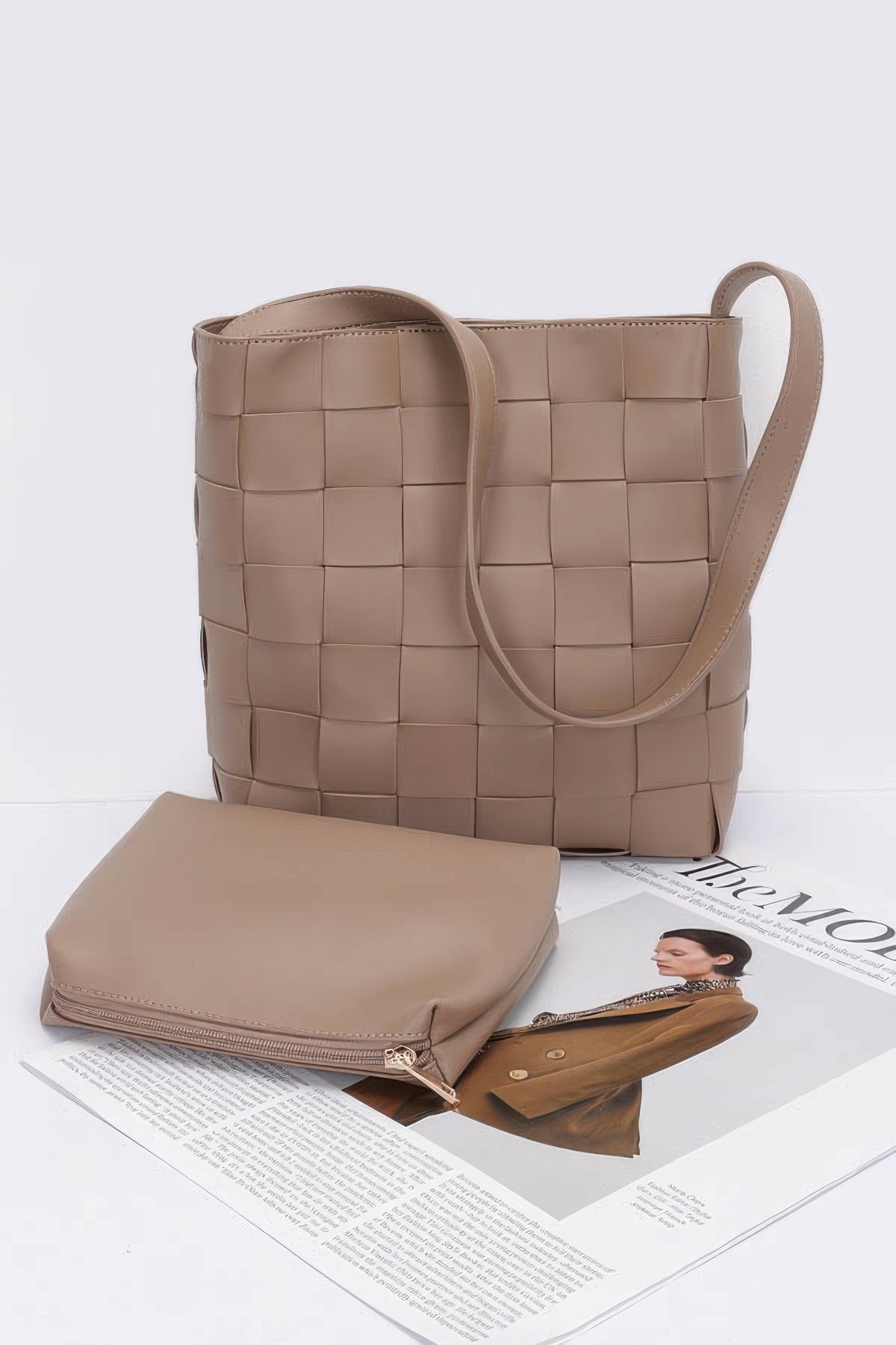 Beige woven tote bag with matching clutch, stylish women's fashion accessory set