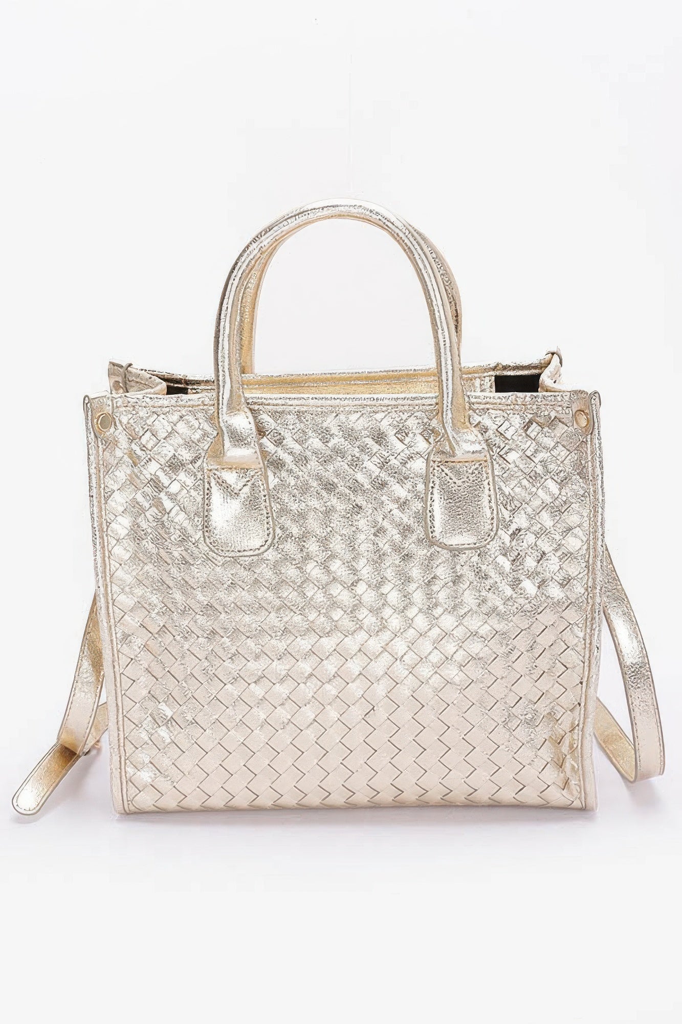 Shiny gold woven tote bag with top handles and shoulder strap, perfect for stylish everyday carry.