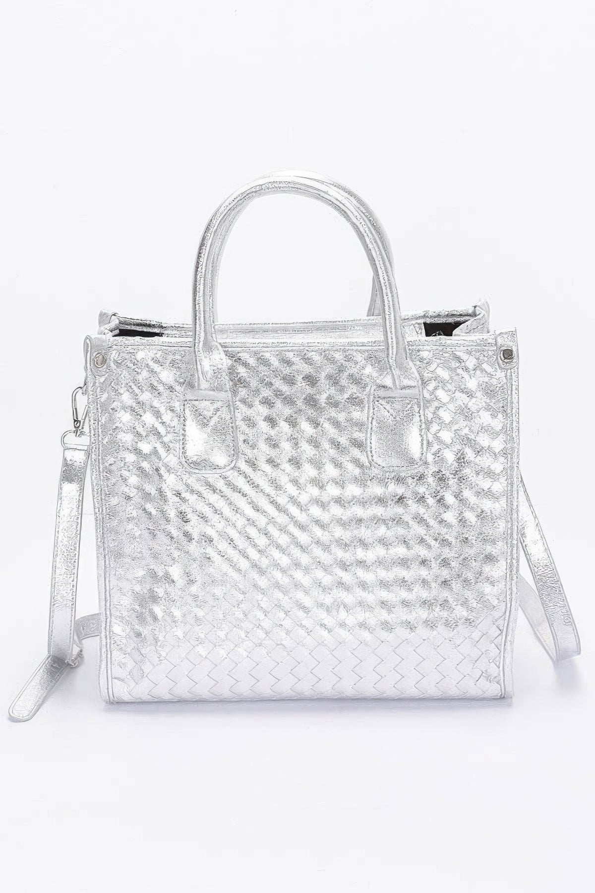 Silver woven texture handbag with top handles and detachable strap, stylish women's accessory