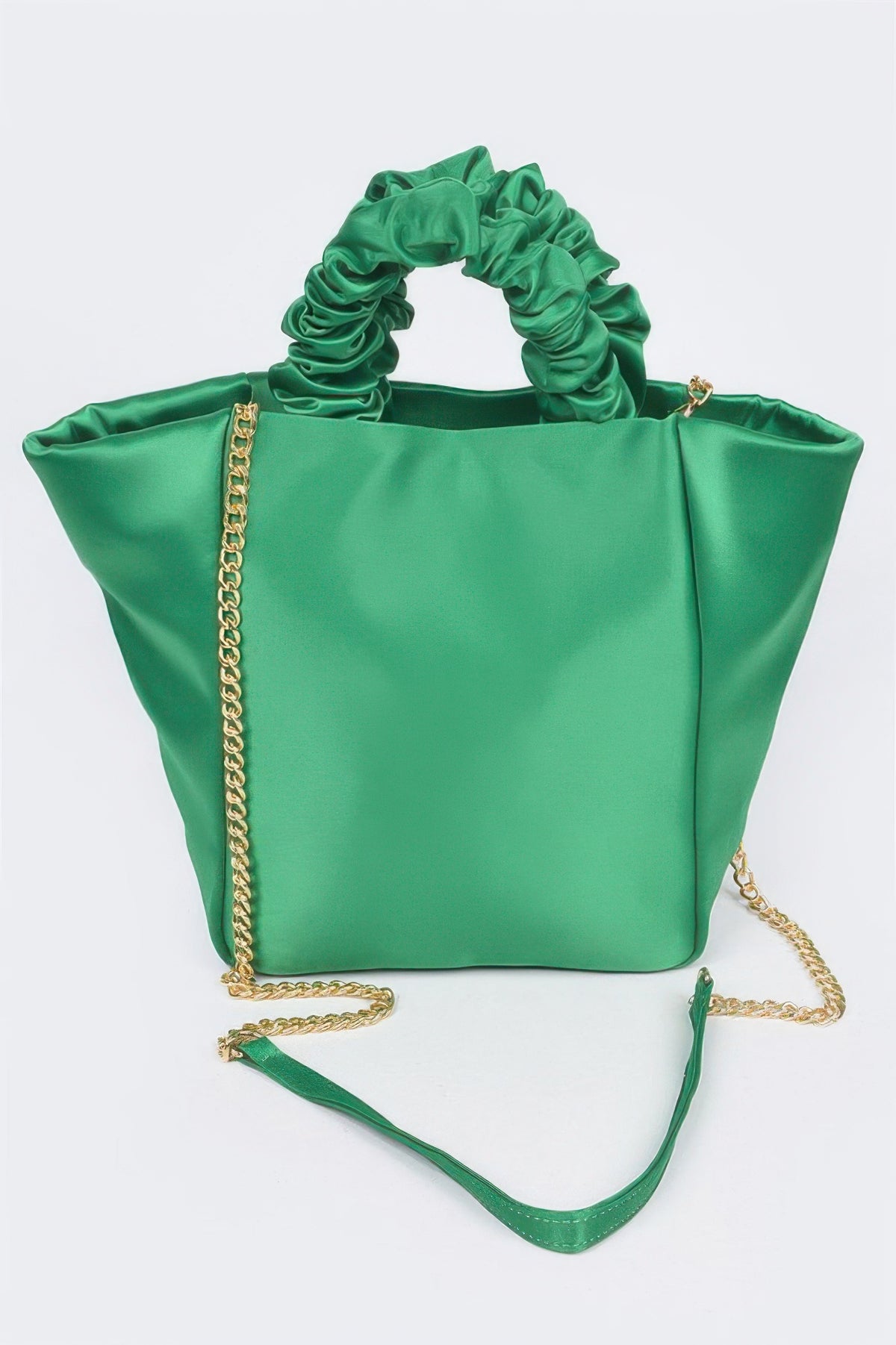 Emerald green satin tote with ruched handles and gold chain strap, chic women's fashion accessory