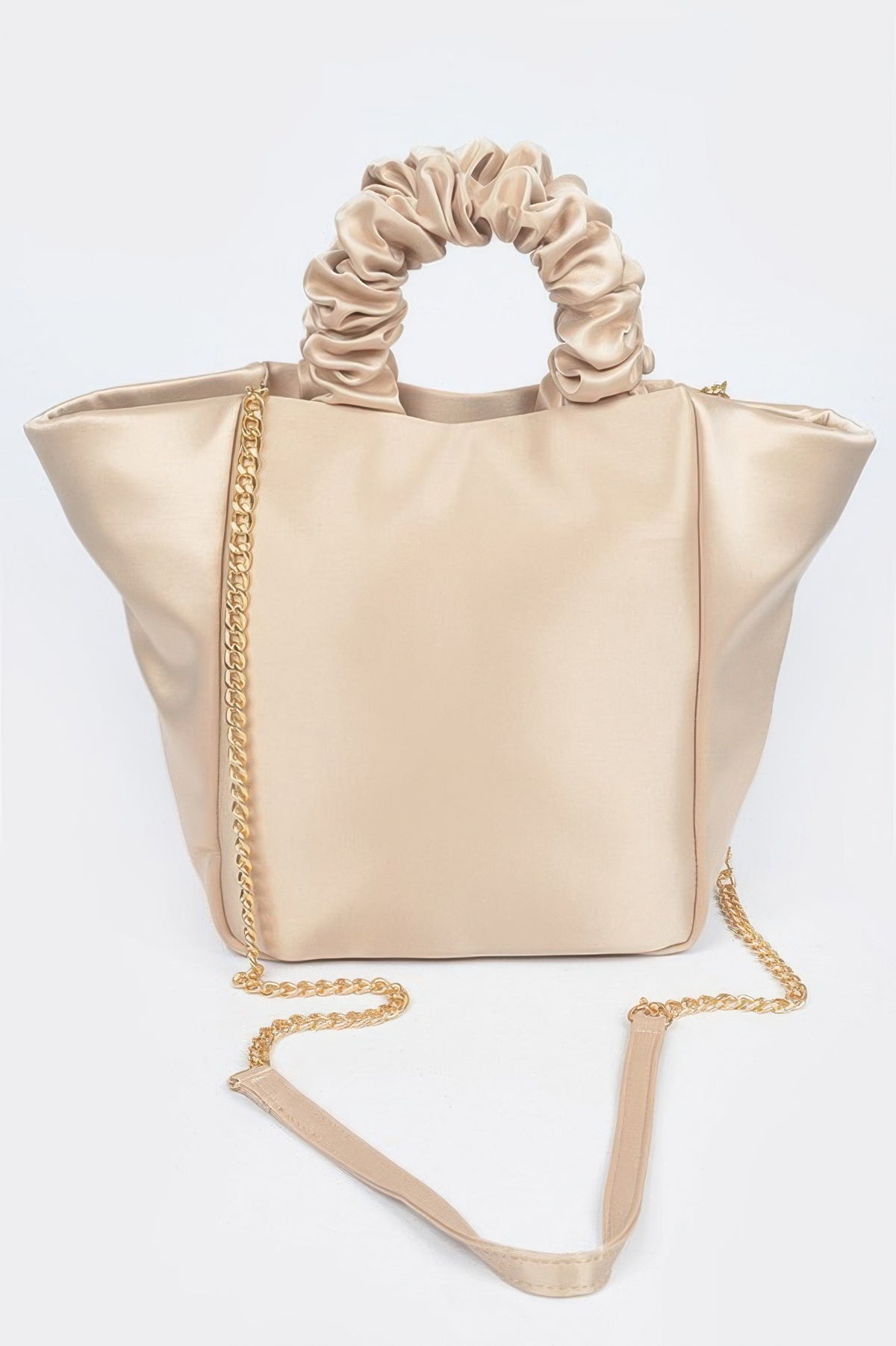 Beige satin tote bag with ruched top handle and gold chain strap, chic women's fashion accessory