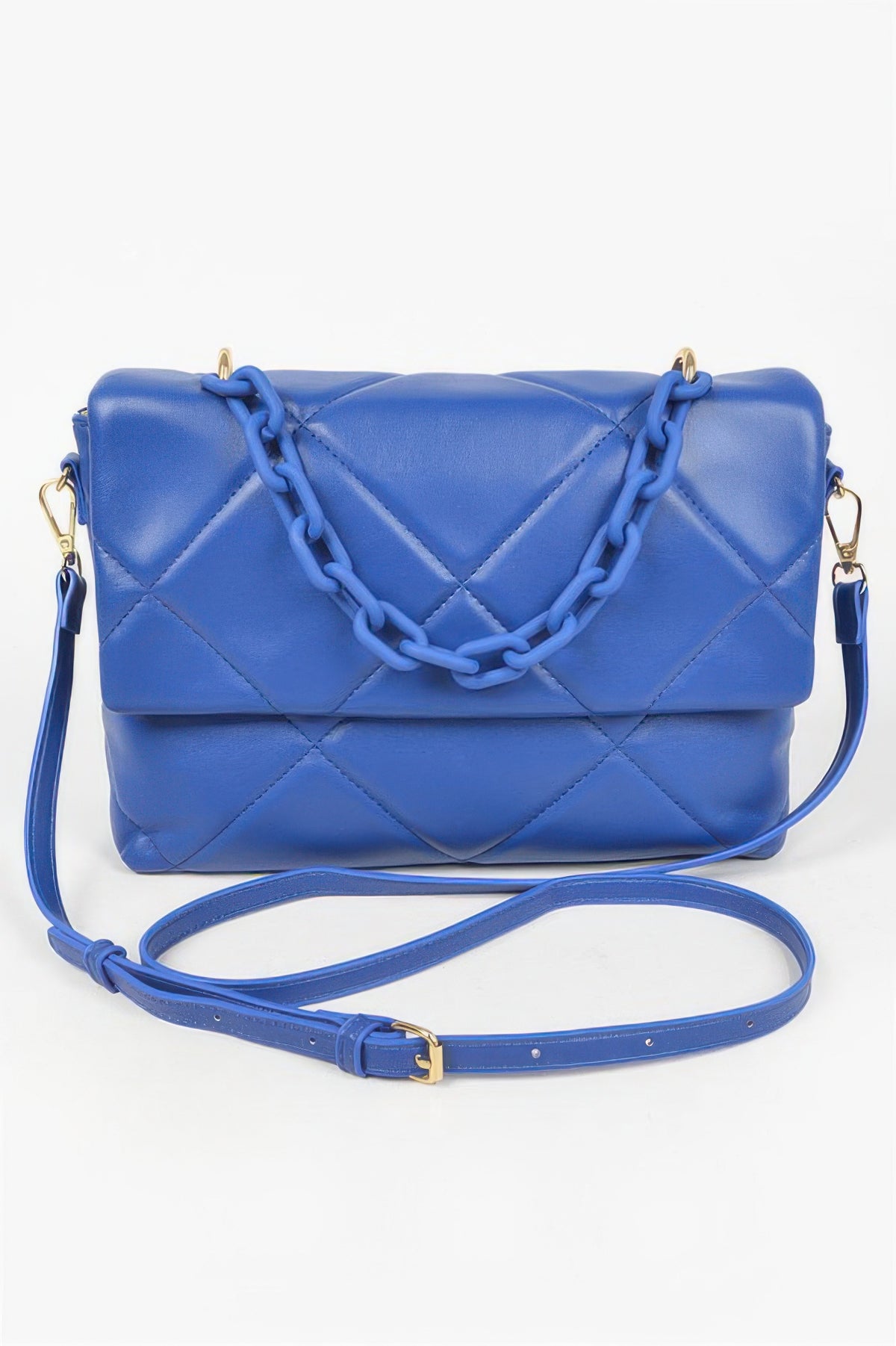 Vibrant blue quilted crossbody bag with chain strap and adjustable shoulder strap for women's fashion