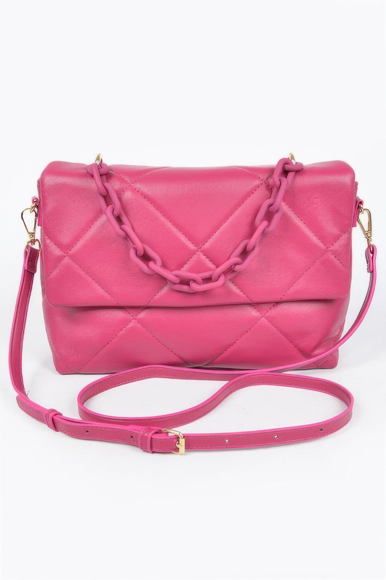 Vibrant pink quilted crossbody bag with chain strap and adjustable shoulder strap