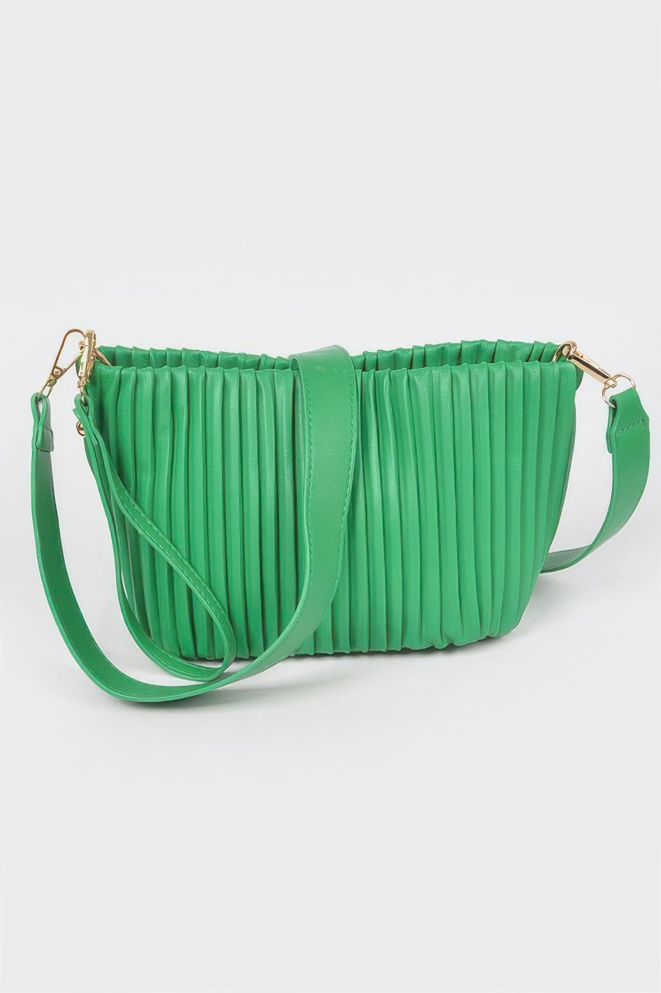 Vibrant green pleated crossbody bag with gold hardware and adjustable strap, perfect for chic everyday style.