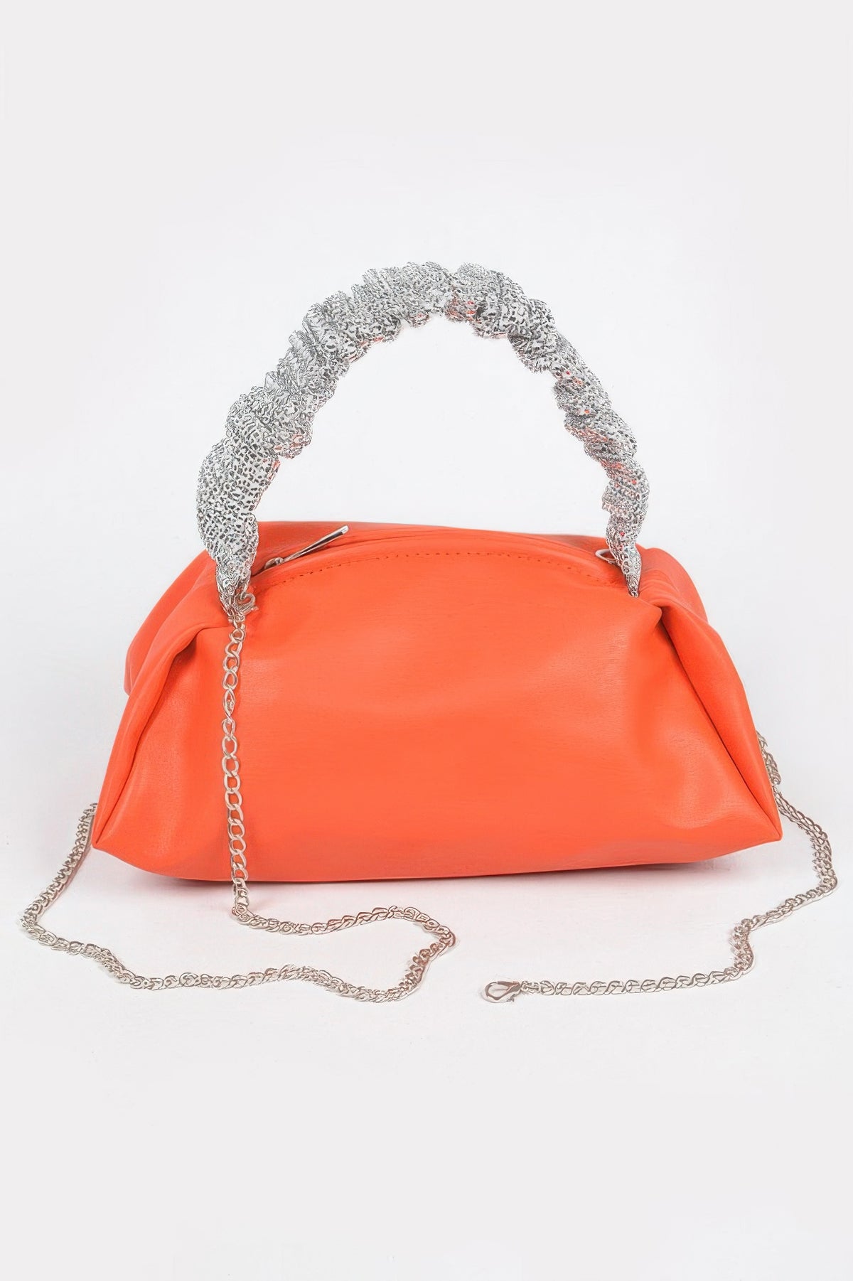 Vibrant orange women's handbag with textured silver handle and chain strap, stylish accessory for everyday fashion.
