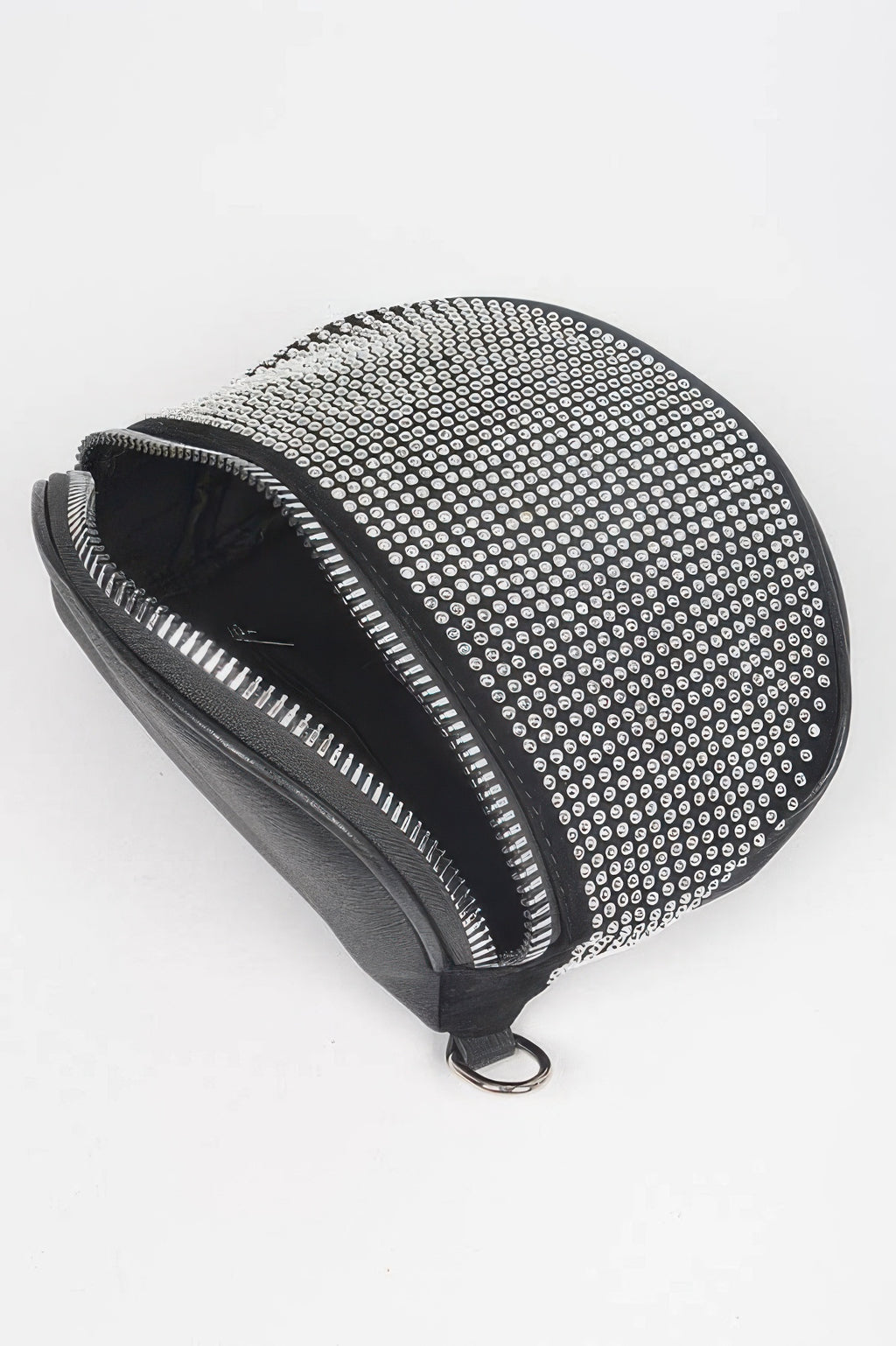 Black rhinestone-embellished clutch with zipper, chic evening accessory for women's fashion