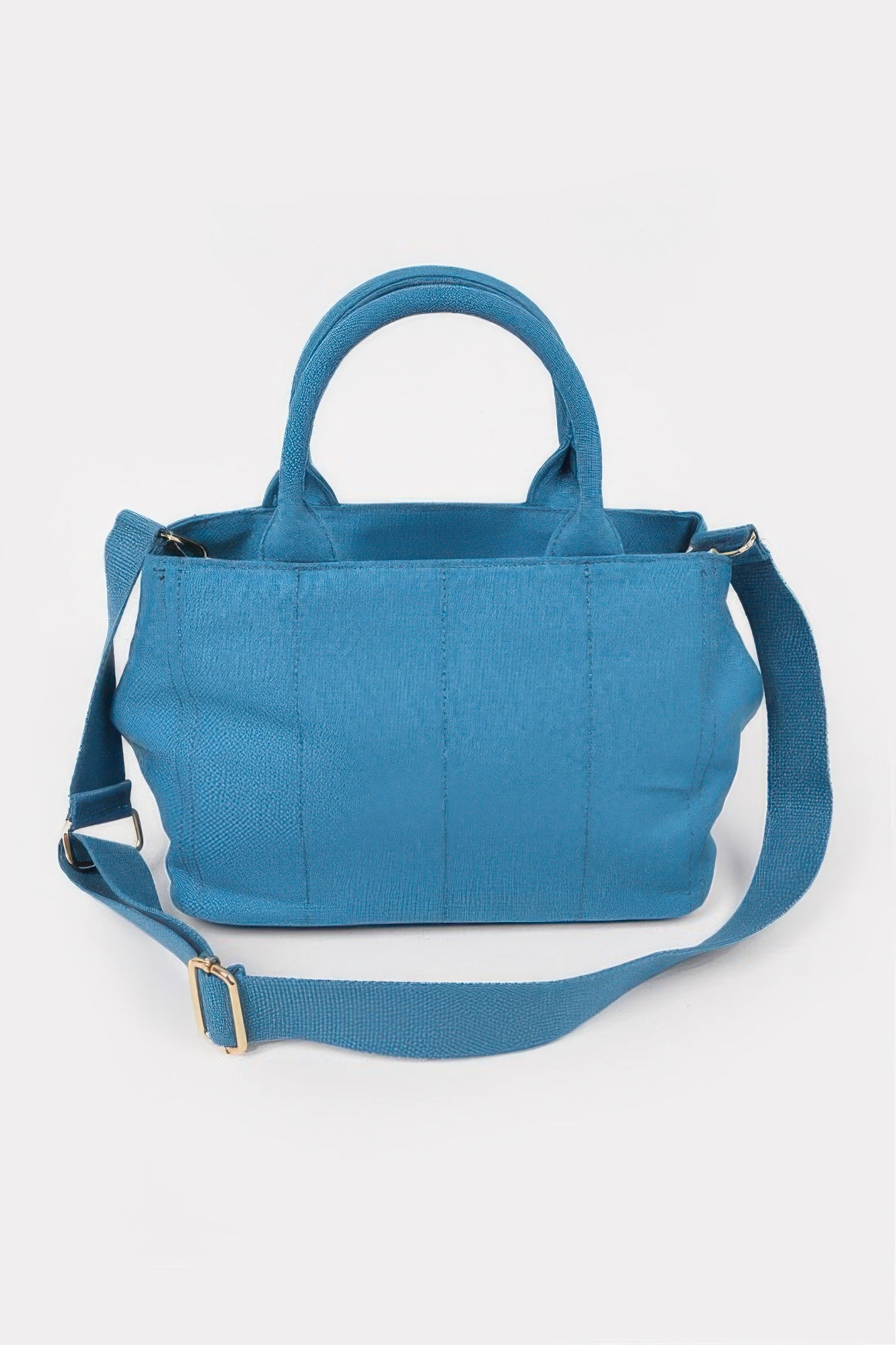 Blue textured tote bag with top handles and adjustable shoulder strap, stylish women's accessory