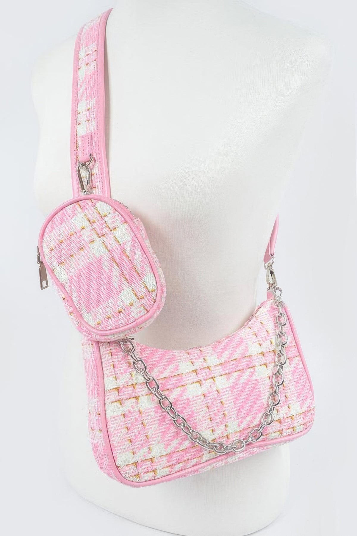 Pink tweed crossbody bag with chain strap and matching pouch, stylish women's fashion accessory