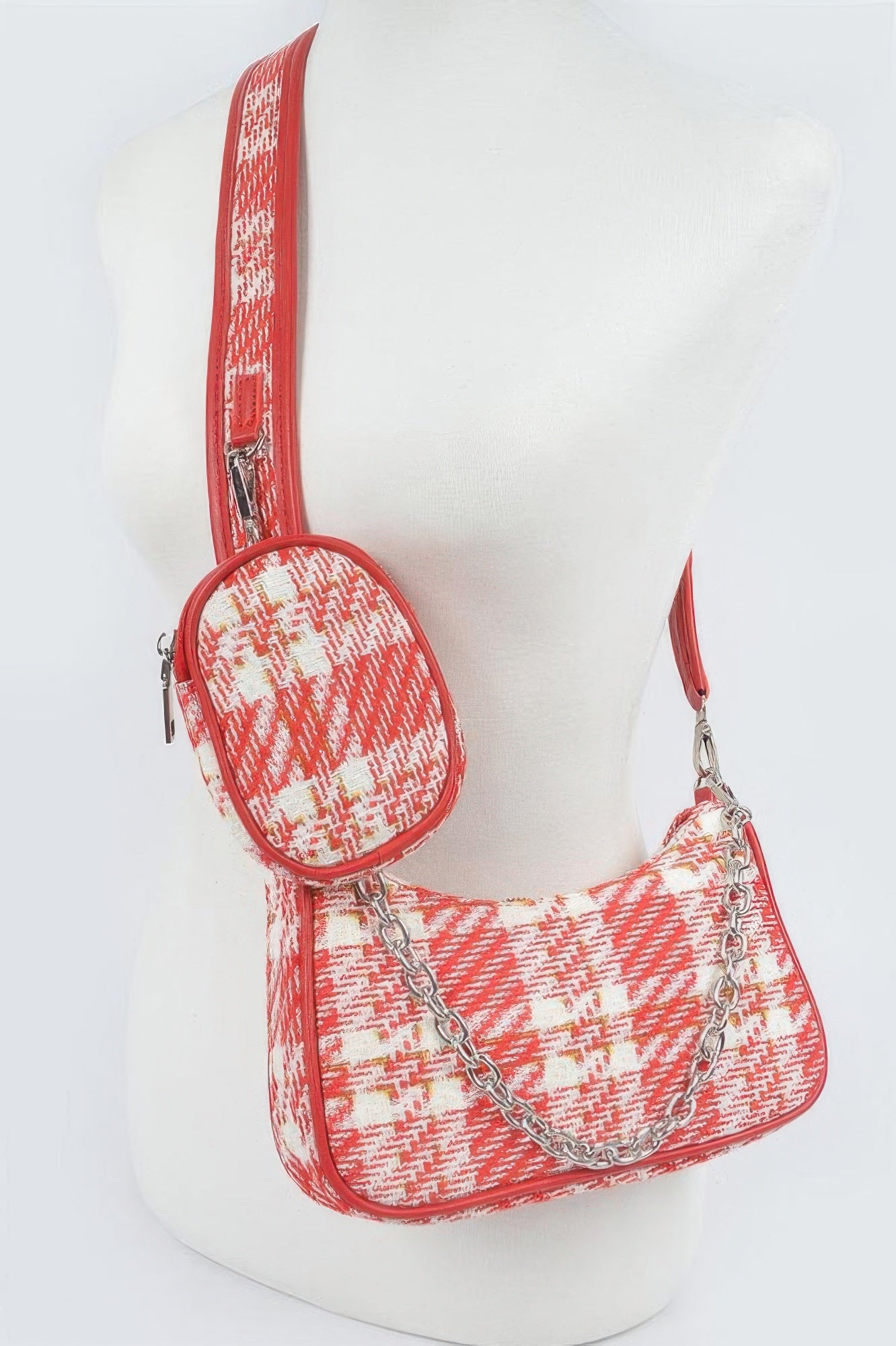 Red and white tweed crossbody bag with chain strap and matching pouch, stylish women's accessory