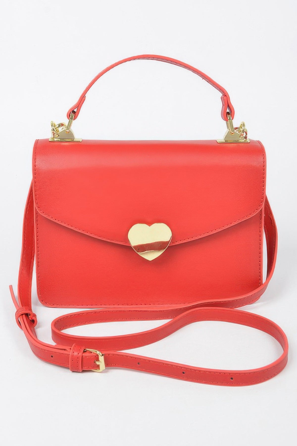 Red women's crossbody bag with gold heart clasp and top handle, stylish everyday accessory