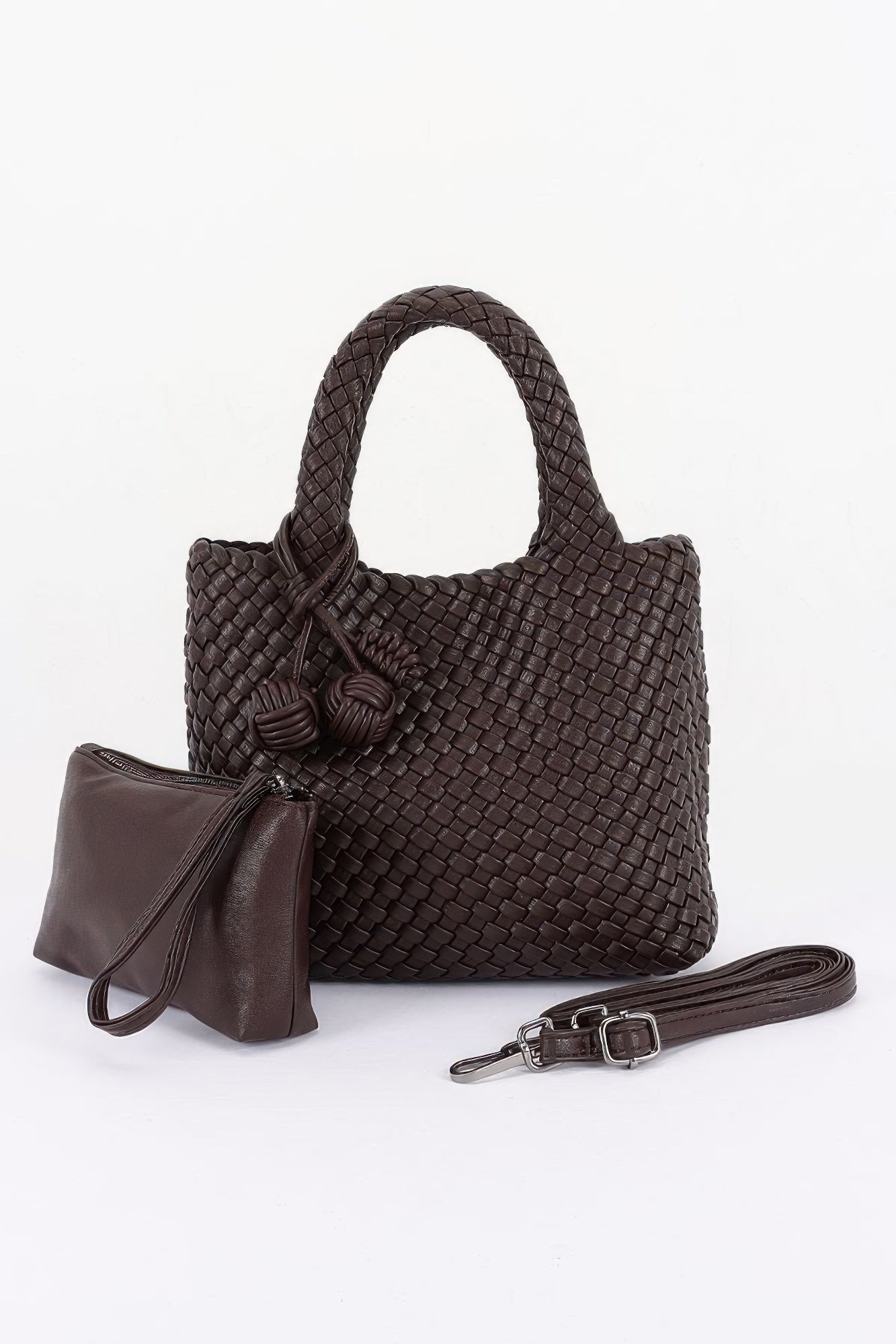 Brown woven handbag with matching pouch and strap, stylish women's accessory for everyday use