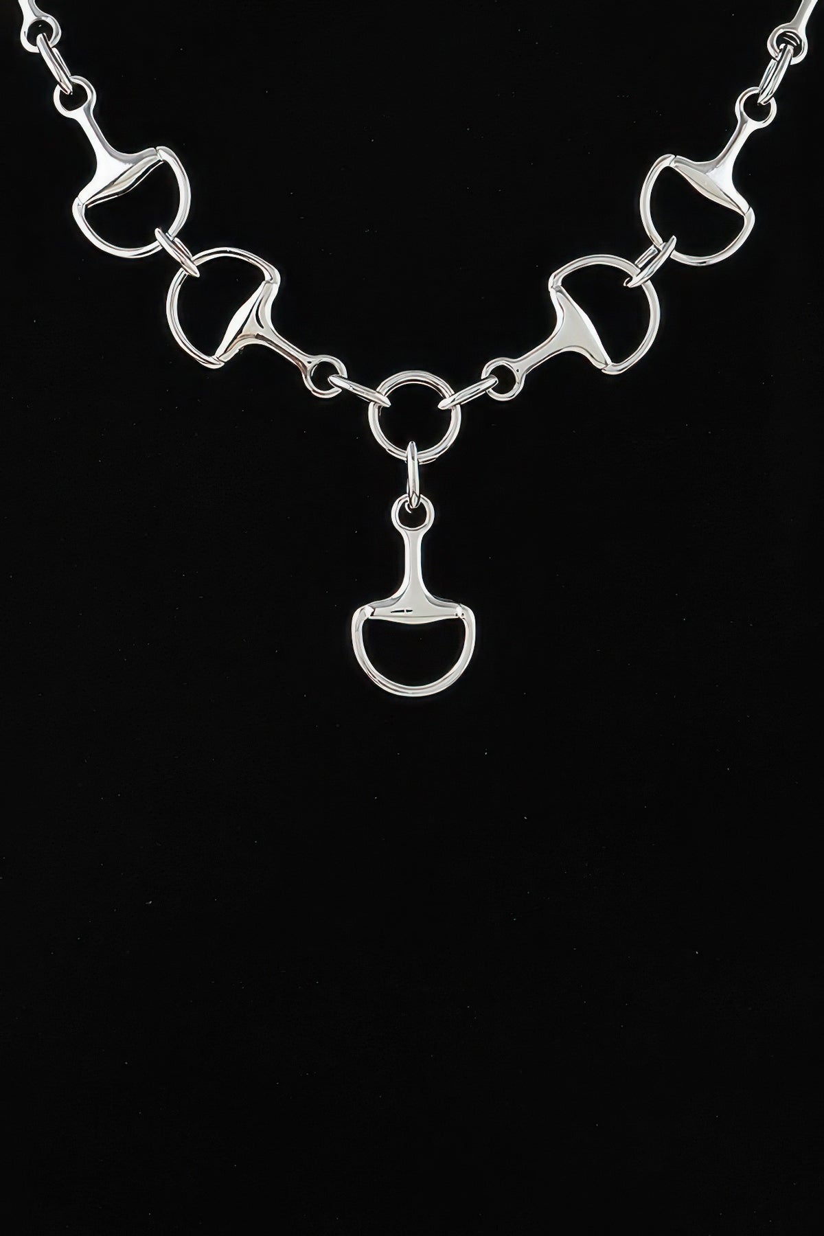Silver horsebit necklace with dangling charm, elegant women's fashion accessory on black background