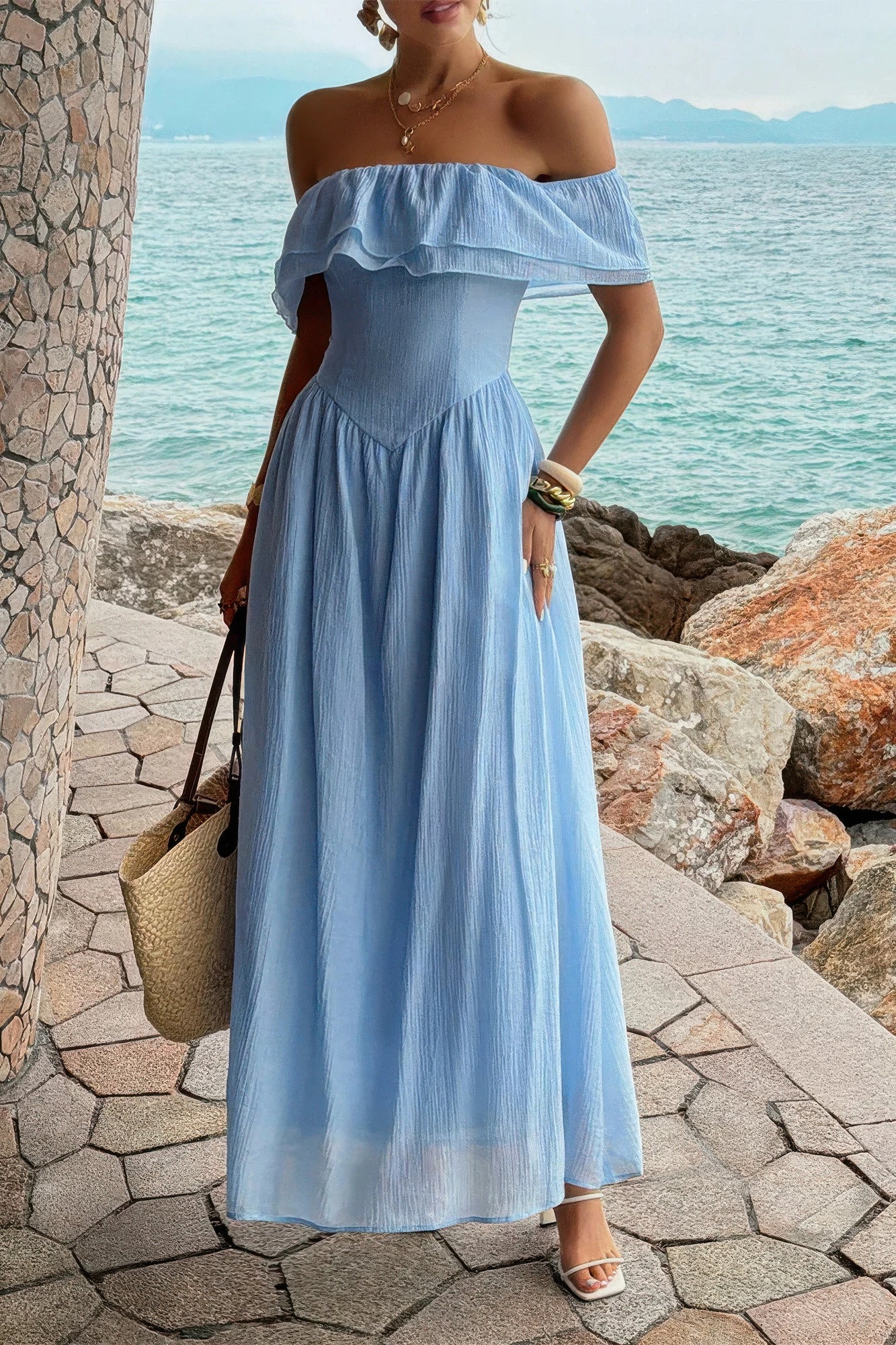 Off-Shoulder Corset Ruffle Maxi Dress in Blue