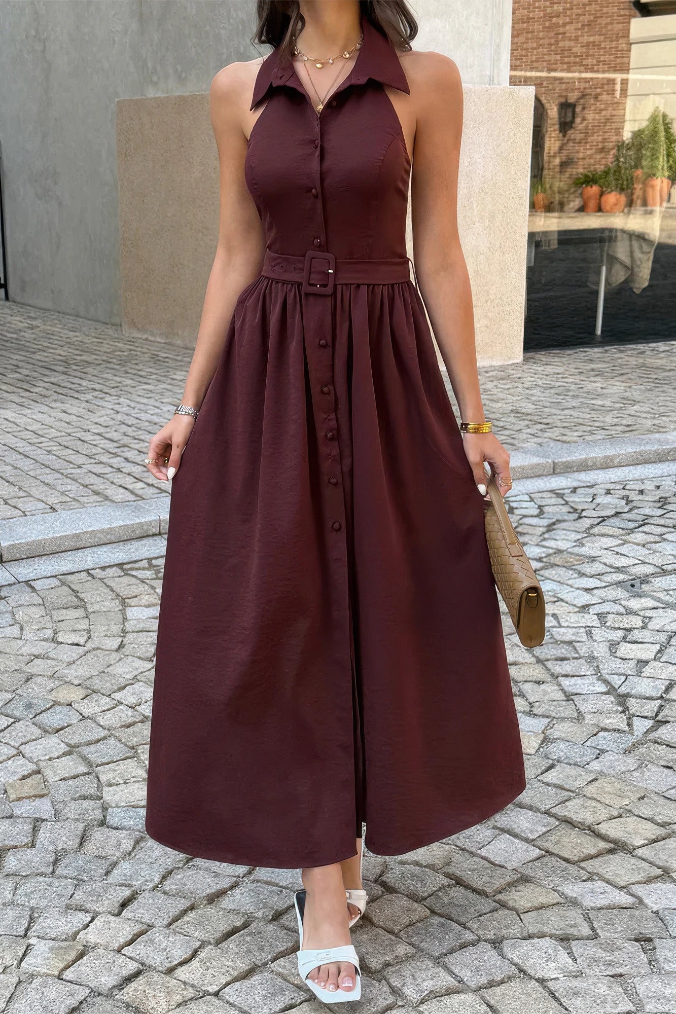 Collared Belted A-Line Midi Dress in Brown