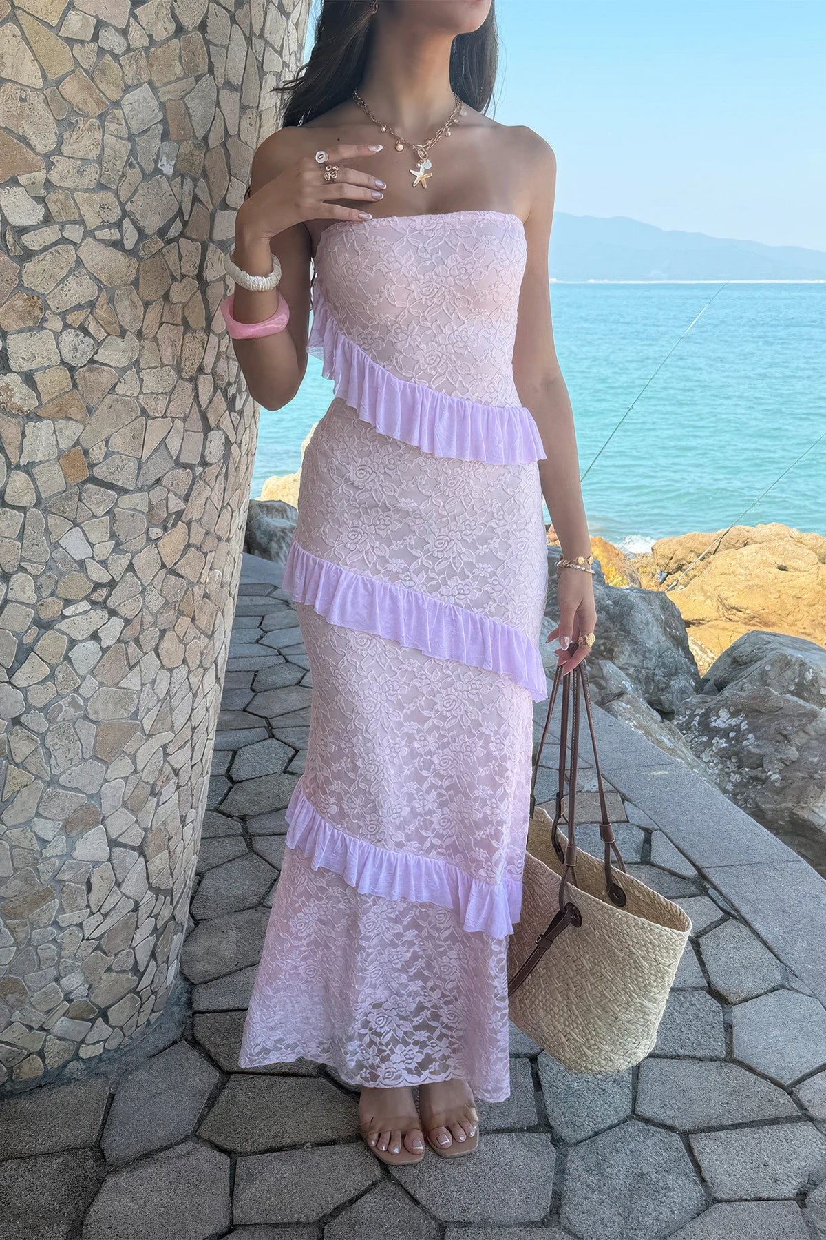 Pink lace strapless dress with ruffles, beachside style for women