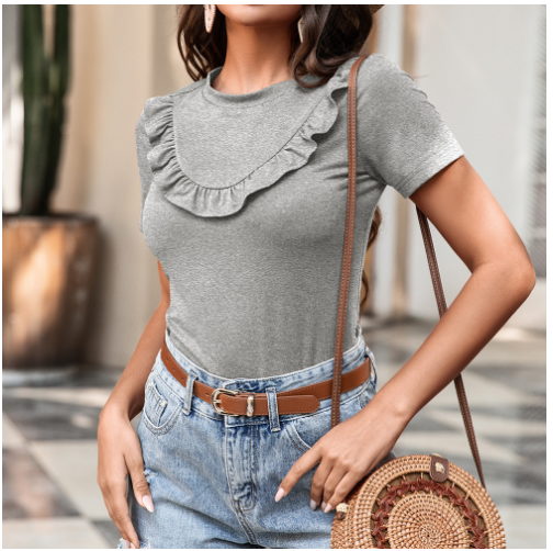 Solid Color Short-Sleeved T-Shirt with Stitching