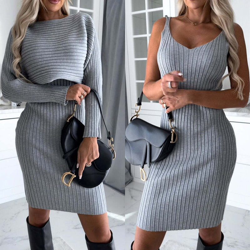 Women's Solid Stripe Long-sleeved Top And Tight Skirt Fashion