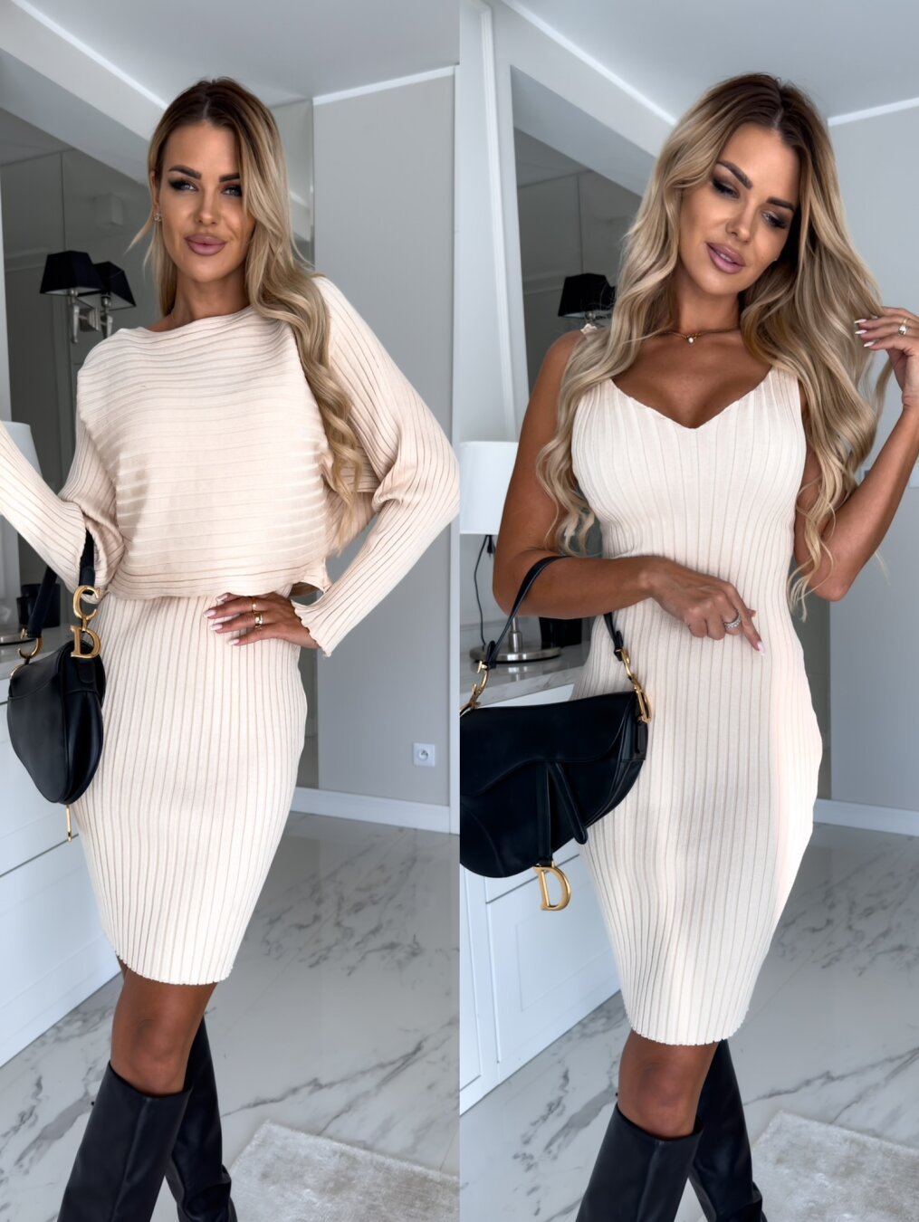 Women's Solid Stripe Long-sleeved Top And Tight Skirt Fashion