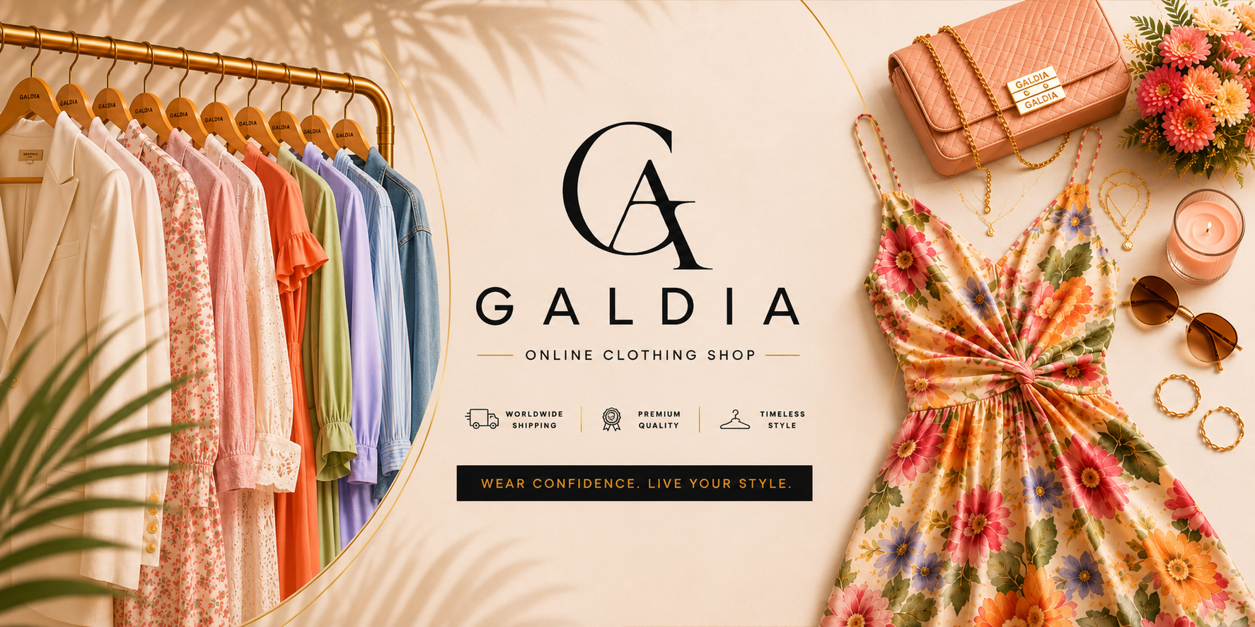 Floral dress and stylish women's clothing collection with accessories on display